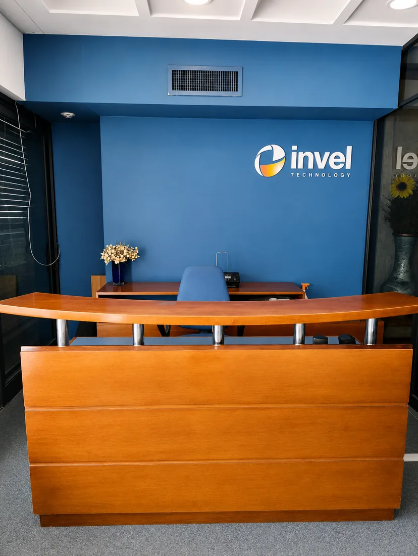 Recepción de Invel con el logo de la empresa sobre la pared